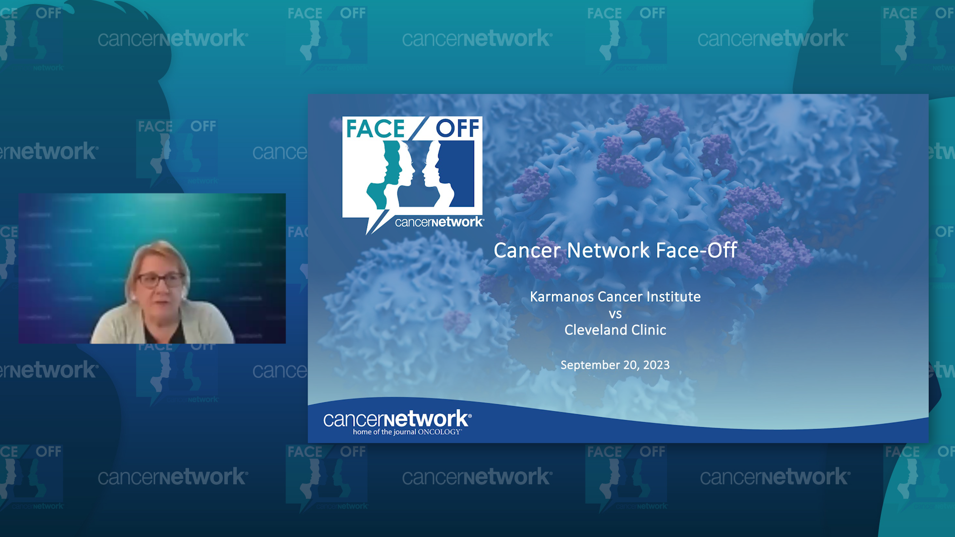 The host of Cancer Network's Face-Off program shown with an introductory slide
