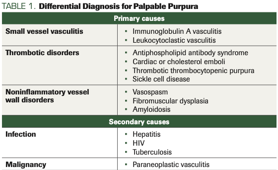TABLE 1. Differential Diagnosis for Palpable Purpura