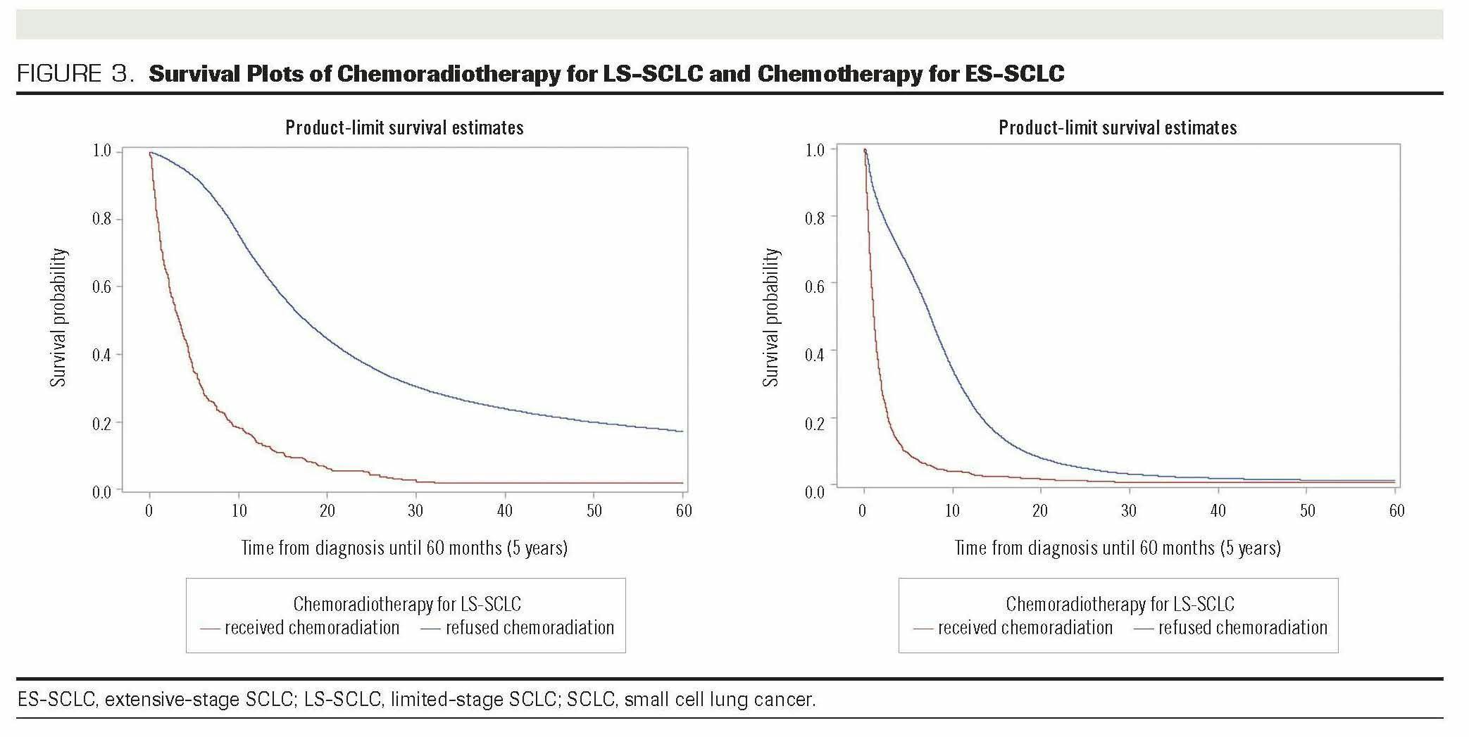 FIGURE 3. Survival Plots of Chemoradiotherapy for LS-SCLC and Chemotherapy for ES-SCLC