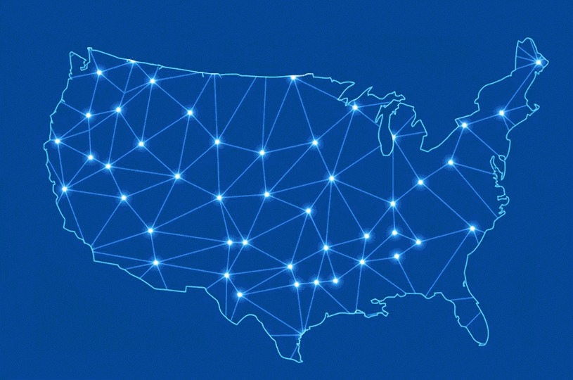 United States map with network nodes